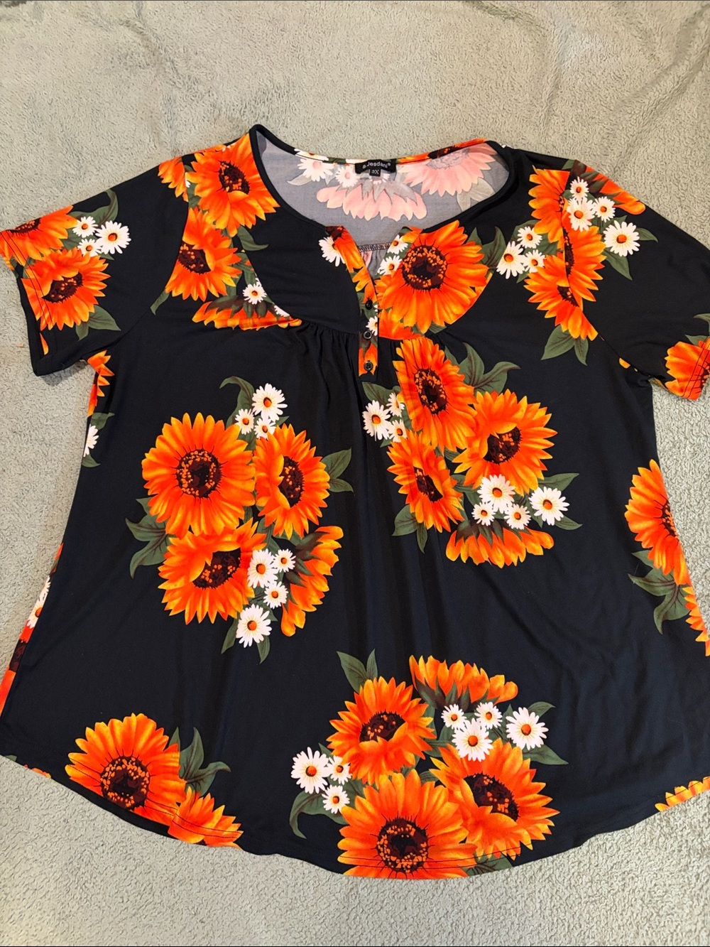Womens Plus Sunflower Print Short Sleeve Black & Orange Top sz 3X